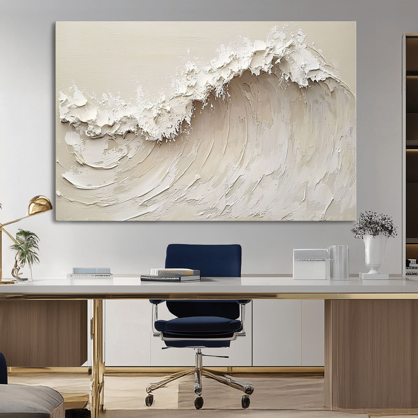 Textured canvas of an abstract white ocean wave in neutral tones, ideal for modern coastal or minimalist home decor.