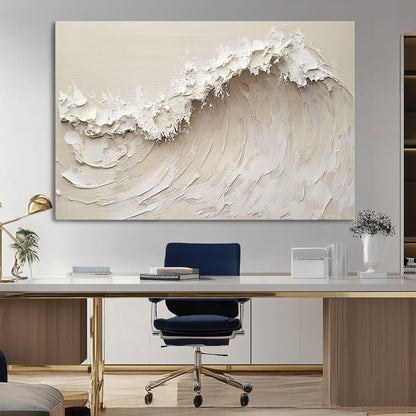 Textured canvas of an abstract white ocean wave in neutral tones, ideal for modern coastal or minimalist home decor.