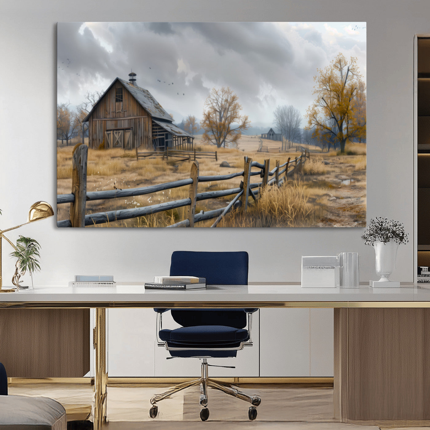 A tranquil rural scene featuring a rustic barn, overcast skies, and golden fields with scattered trees, evoking a sense of peaceful solitude in nature.