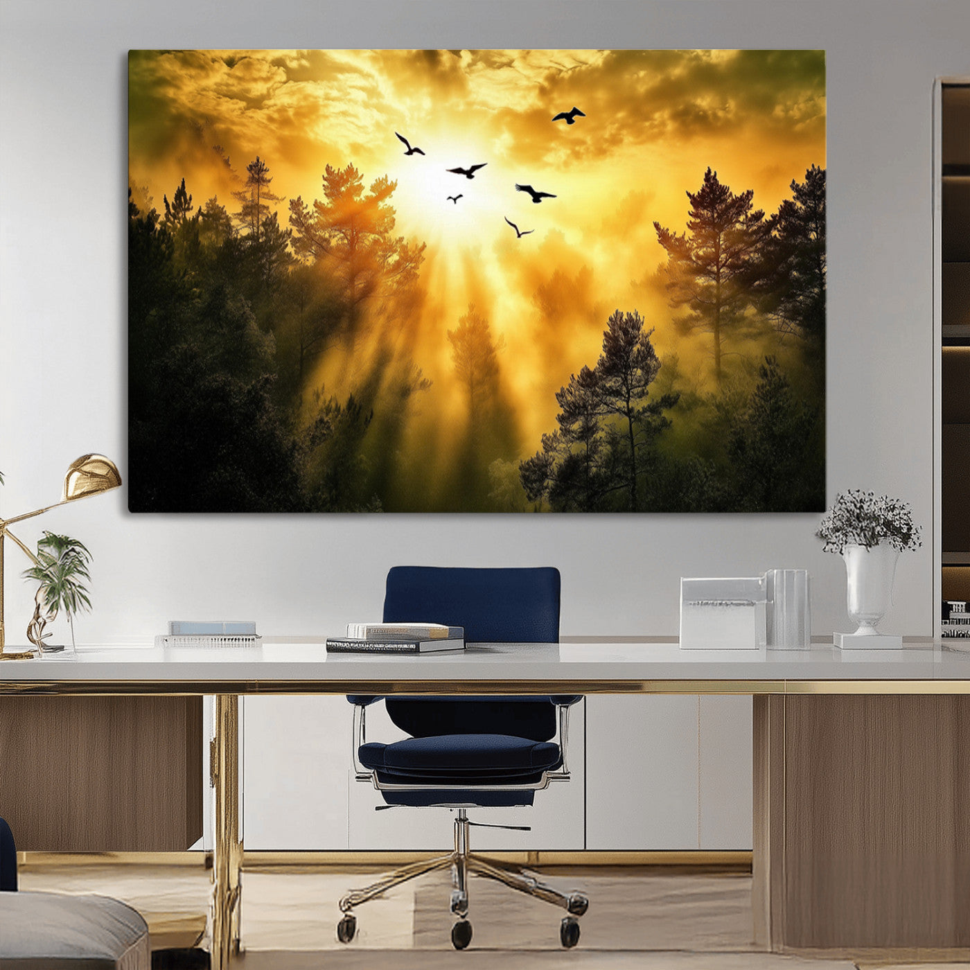 Canvas of a golden forest at sunset with birds flying through glowing sunbeams and silhouetted pine trees, ideal for warm-toned rustic decor.