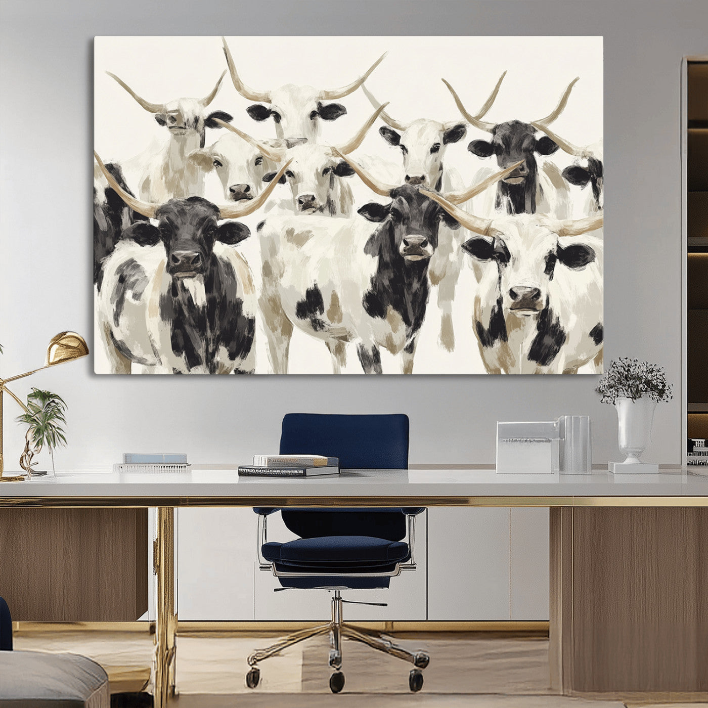 Canvas of a Texas Longhorn cattle herd in neutral black and white tones, ideal for rustic farmhouse or western-themed decor.
