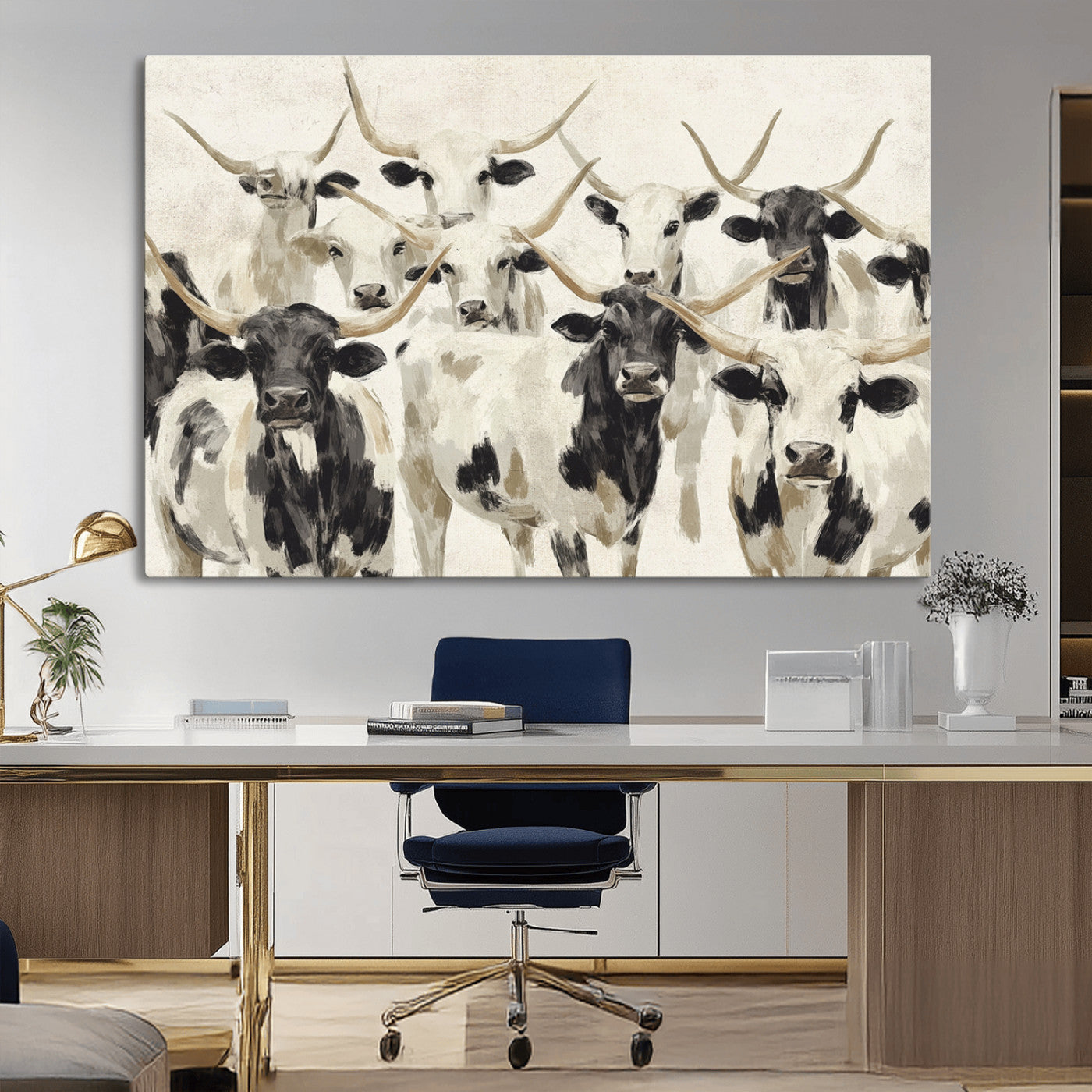 Canvas of a Texas Longhorn cattle herd in neutral black and white tones, ideal for rustic farmhouse or western-themed decor.