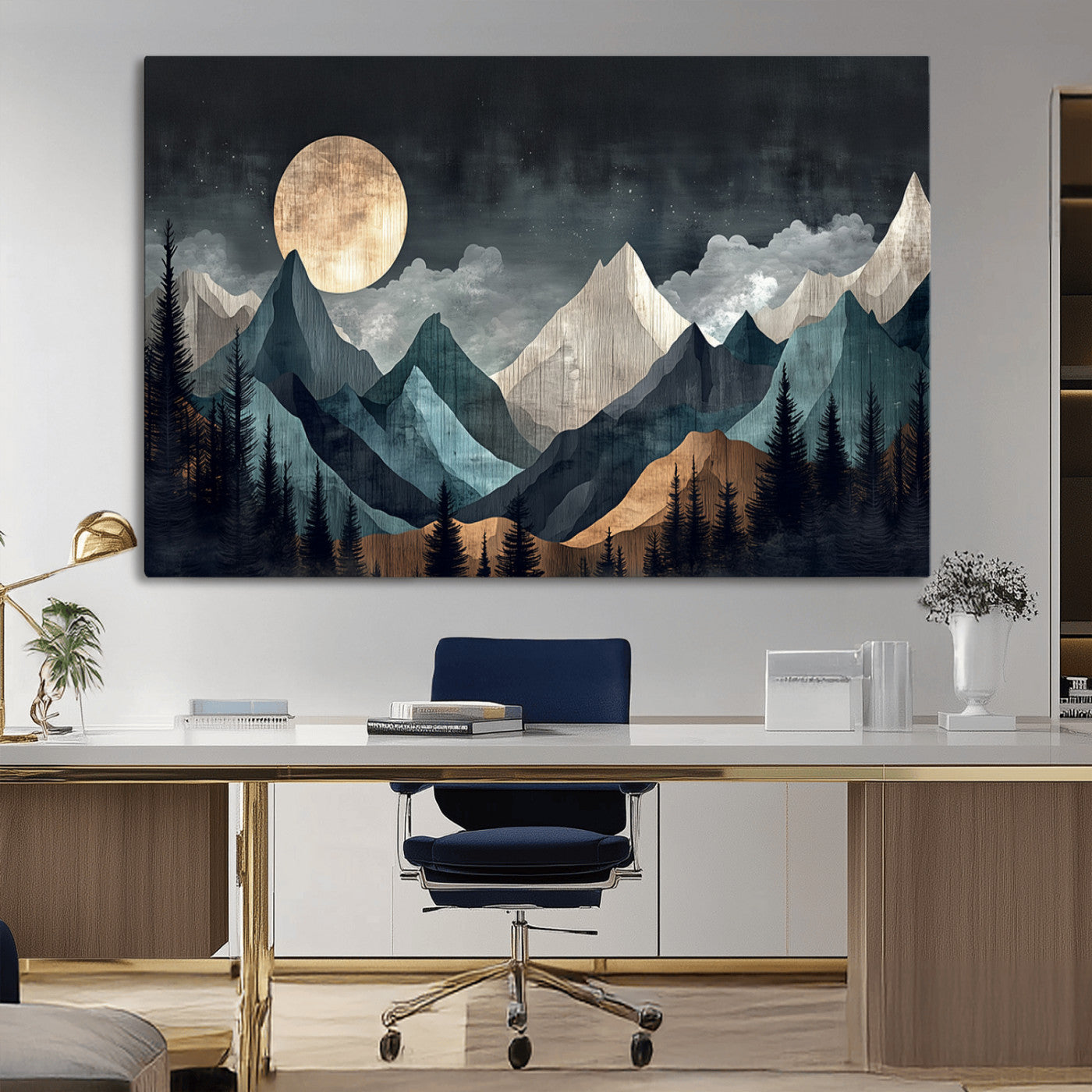 Stylized canvas of layered mountains under a full moon in neutral moody tones, ideal for nature-inspired or modern rustic interiors.