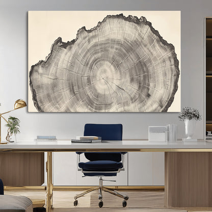 Detailed tree ring drawing in monochrome tones, ideal for rustic or nature-inspired interiors with a minimal decor aesthetic.