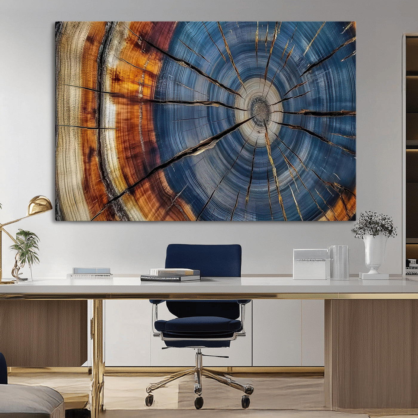 A stunning close-up view of a tree trunk, showcasing the intricate growth rings in a vibrant mix of warm browns, cool blues, and hints of natural texture.