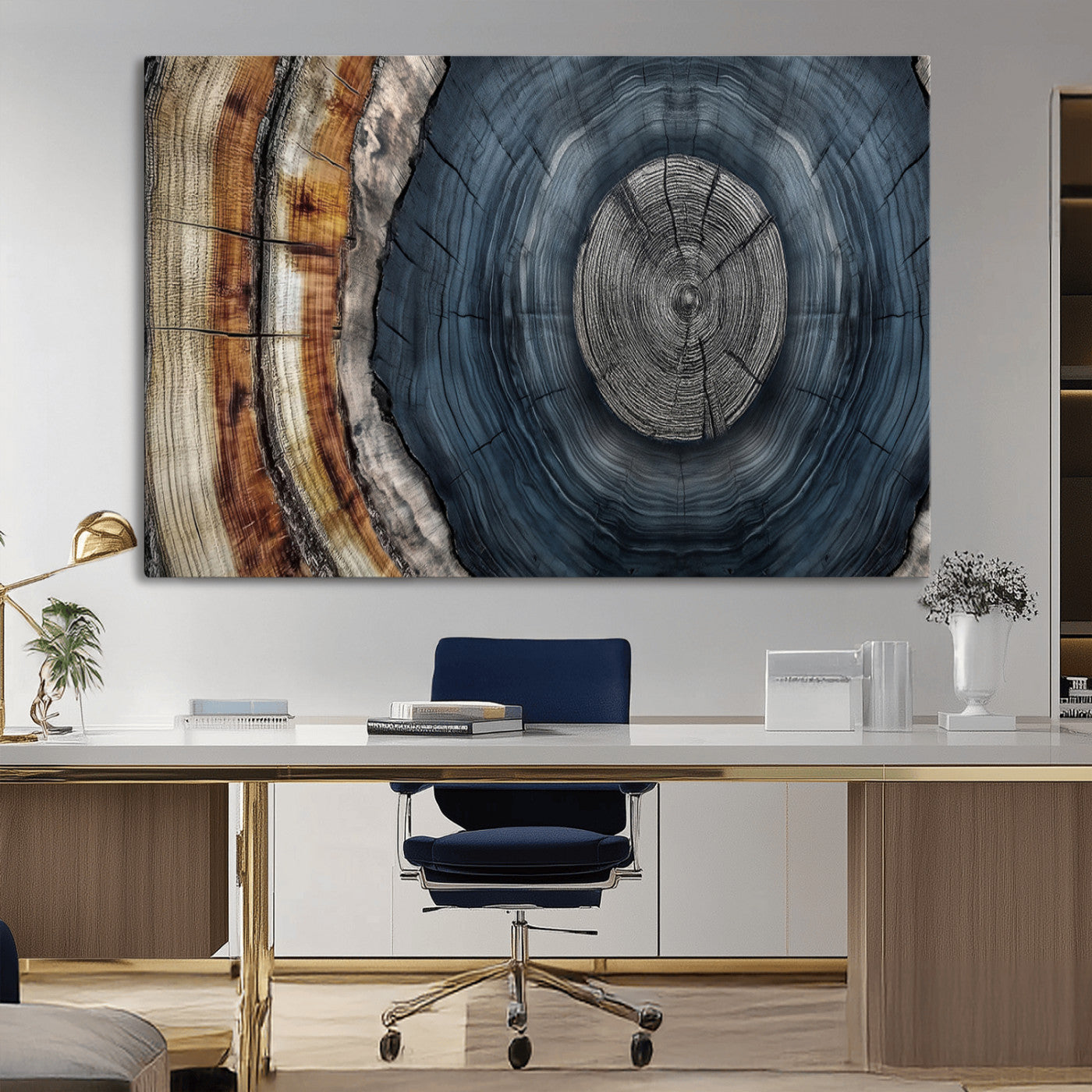 A stunning close-up of a tree trunk showing the intricate, circular growth rings, showcasing the natural textures and rich contrasts in deep blues, browns, and silvers.