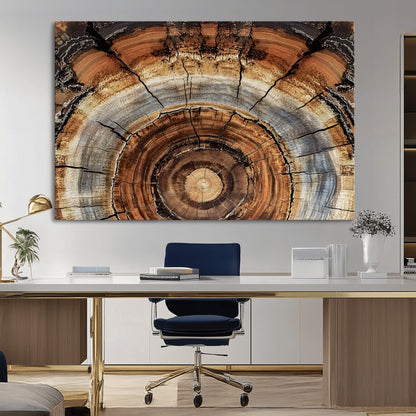 Canvas of tree rings and natural wood grain in earthy tones, ideal for rustic or vintage-inspired home decor with organic textures.