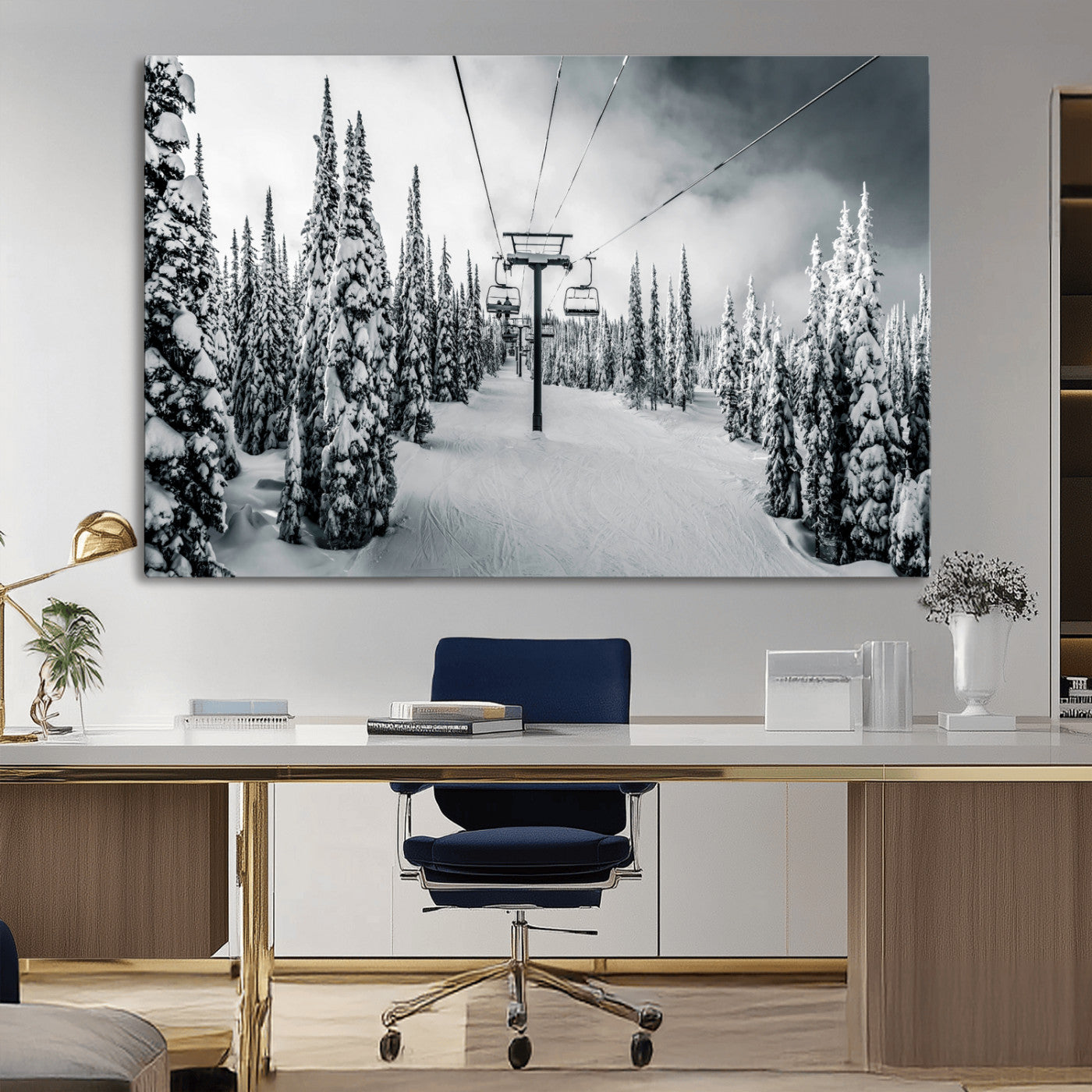 Canvas of a snowy ski lift scene through a forest of tall pine trees, ideal for moody winter or alpine-themed home decor.