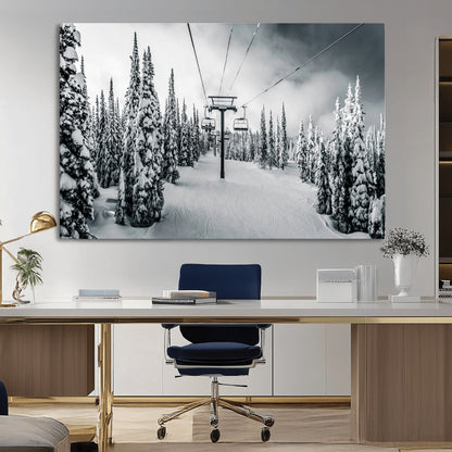 Canvas of a snowy ski lift scene through a forest of tall pine trees, ideal for moody winter or alpine-themed home decor.