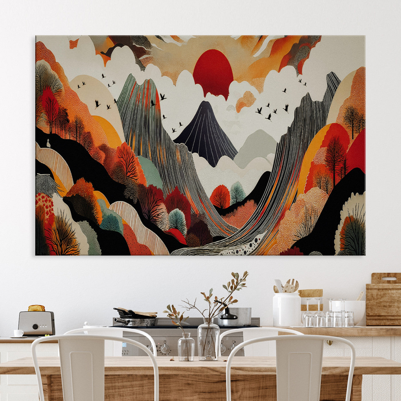 Abstract Mountain Wall Art Canvas Print, Vibrant Landscape Print, Framed Stylized Nature Drawing Art Print, Large Sunset Mountains Printing Perfect for Contemporary Minimalist Decor