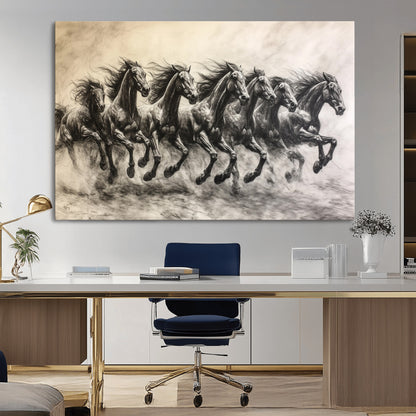 Monochrome drawing of a herd of galloping horses, perfect for dynamic and wild-themed decor in any equestrian or nature-inspired room.