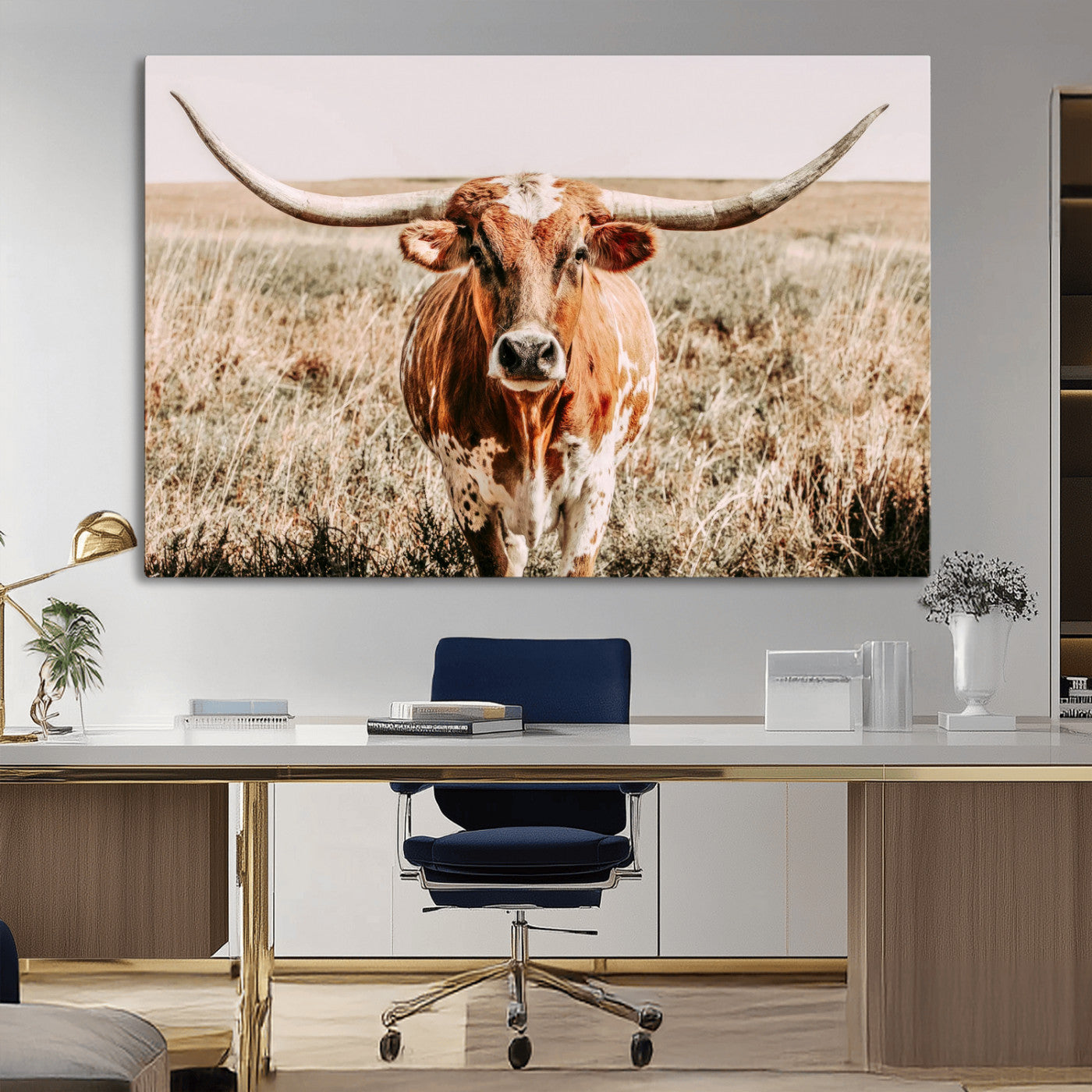 Framed longhorn cow canvas wall art with rustic prairie background, western animal print perfect for farmhouse or ranch style decor
