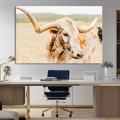 Close-up of a speckled Texas Longhorn in warm prairie tones, perfect for rustic western or countryside-themed room decor.