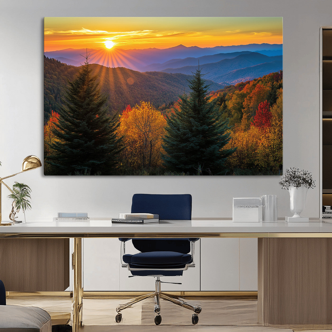 Vibrant sunset over autumn mountains with colorful trees and warm light, ideal for nature lovers or cabin-style wall decor.