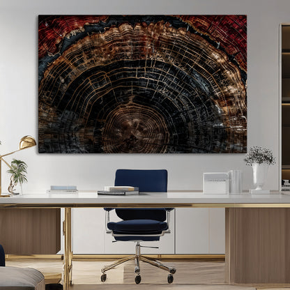 Dark Wood Wall Art Print - Petrified Tree Canvas Print, featuring an intricate tree ring pattern with deep earthy tones and organic textures, perfect for rustic and nature-inspired decor.