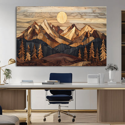 Mountain Landscape Wall Art Print - Sunset Hills Canvas Print, featuring an abstract nature scene with earthy tones and misty peaks, perfect for boho and modern decor.