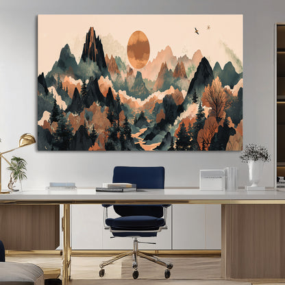 Mountain Landscape Wall Art Print - Sunset Hills Canvas Print, featuring an abstract nature scene with earthy tones and misty peaks, perfect for boho and modern decor.