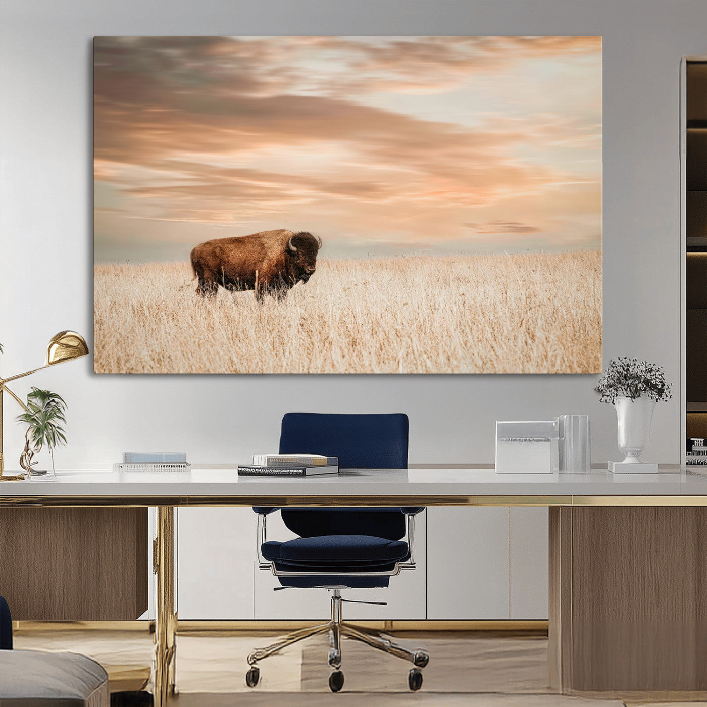 Bison Wall Art Print - Buffalo Canvas Print, featuring a lone bison in a golden prairie under a warm sunset sky, perfect for rustic and farmhouse decor.