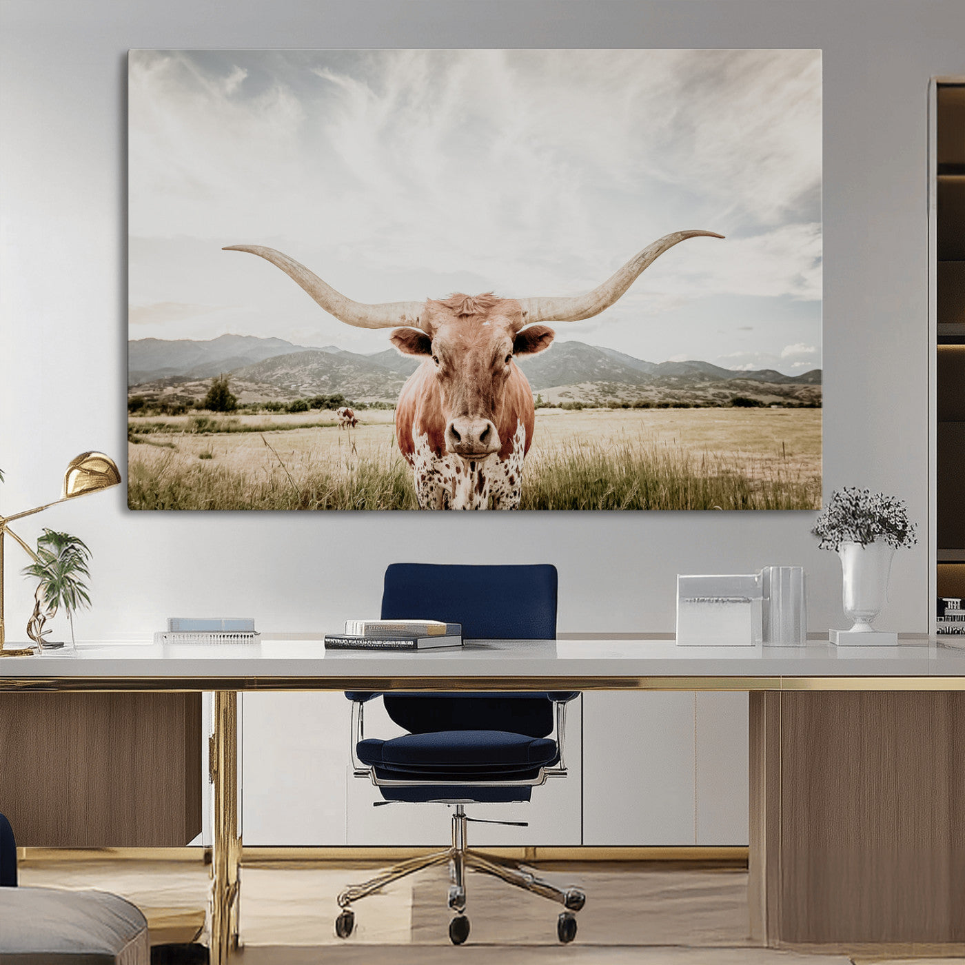 Longhorn Wall Art Print - Western Cow Canvas Print, featuring a majestic Texas longhorn in a rustic prairie setting, perfect for farmhouse and western decor.