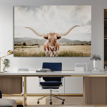 Longhorn Wall Art Print - Western Cow Canvas Print, featuring a majestic Texas longhorn in a rustic prairie setting, perfect for farmhouse and western decor.