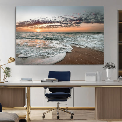 Ocean Sunset Wall Art Print - Beach Waves Canvas Print, featuring a serene seascape with golden sunlight reflecting on gentle waves, perfect for coastal and minimalist decor.