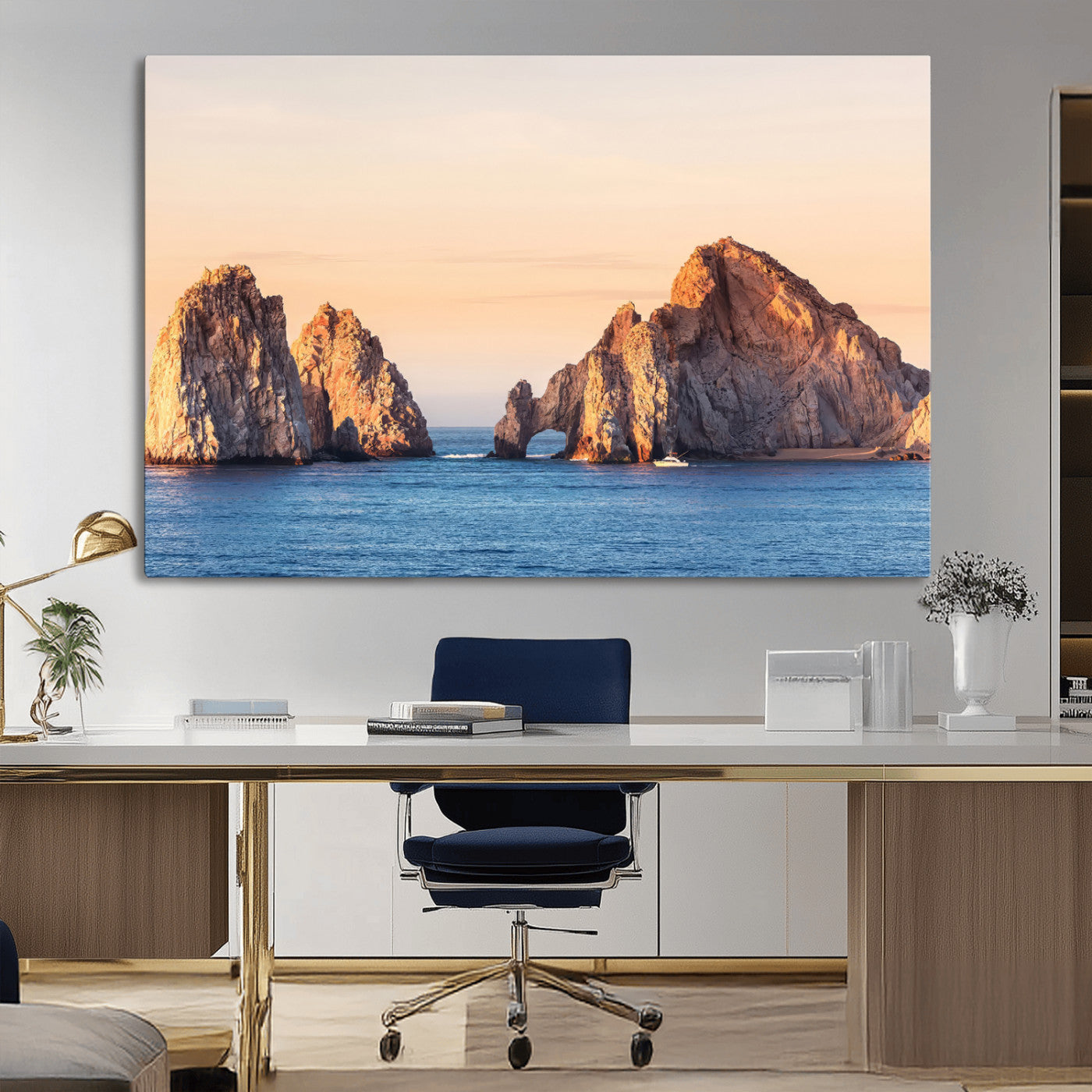 Framed canvas of El Arco rock formation in Cabo San Lucas at golden hour, ideal for coastal landmark or ocean-inspired decor.