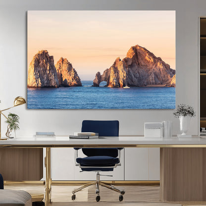 Framed canvas of El Arco rock formation in Cabo San Lucas at golden hour, ideal for coastal landmark or ocean-inspired decor.