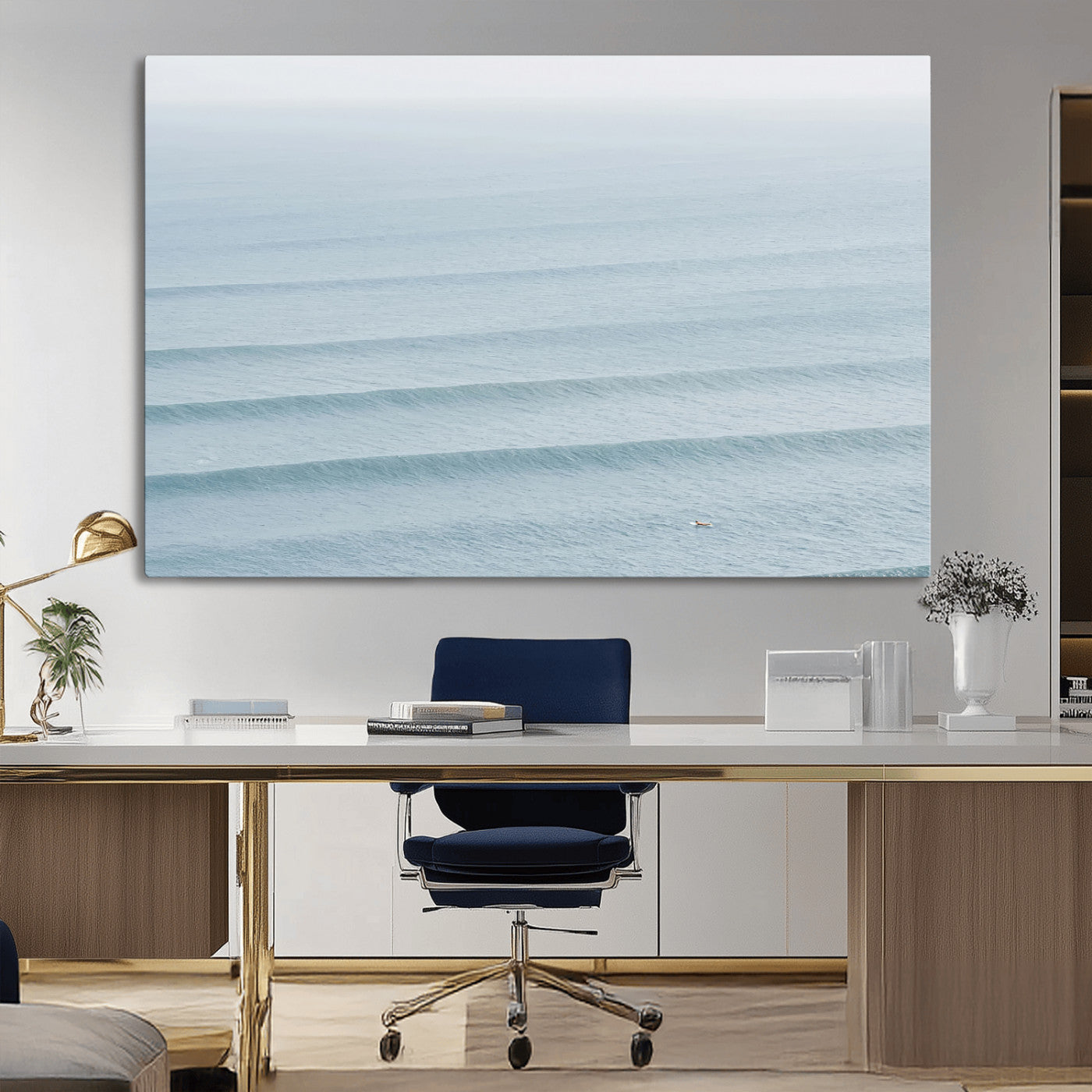Framed canvas of repeating ocean waves with a distant solo surfer, ideal for minimalist ocean or calm coastal wall decor.