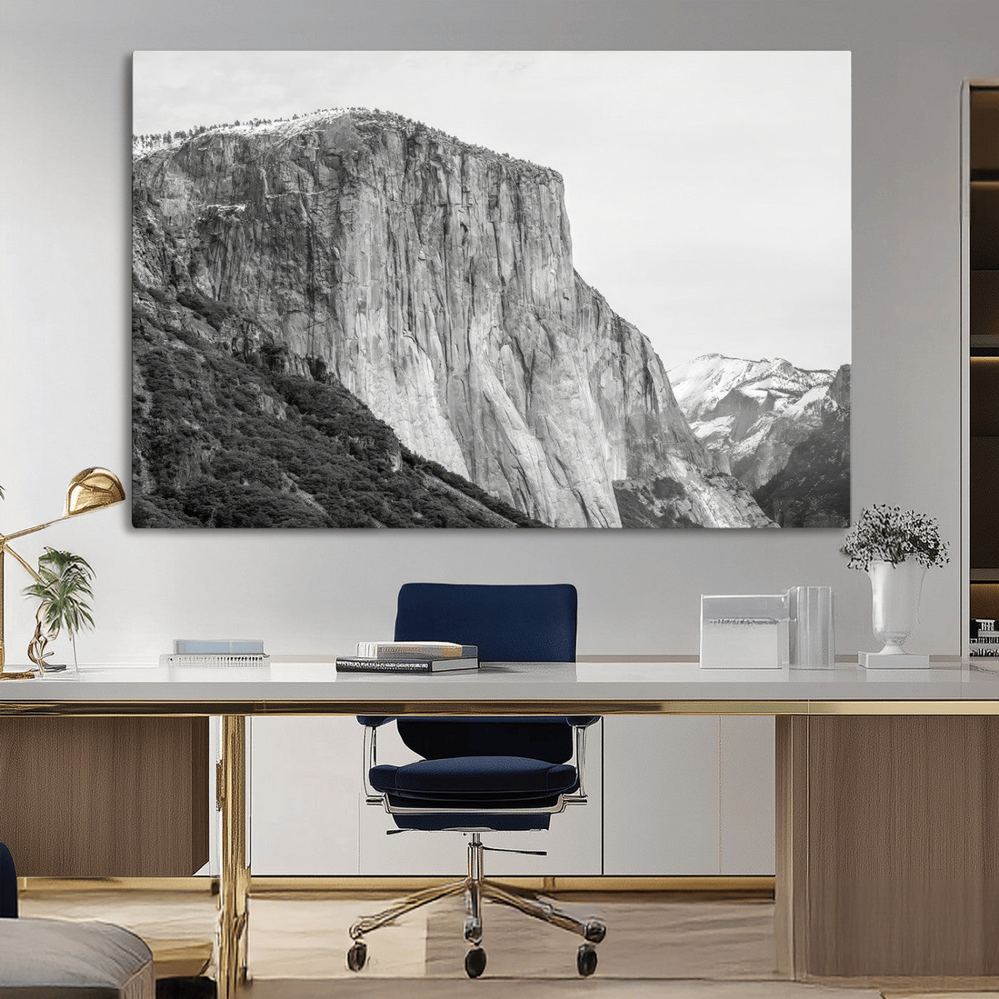 Monochrome canvas of El Capitan’s granite wall in Yosemite with snowy peaks, ideal for dramatic mountain or black-and-white nature decor.