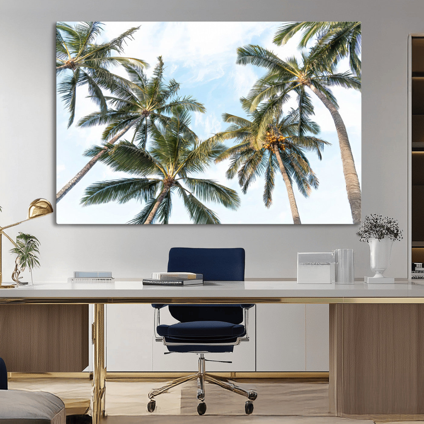 Framed canvas of tall palm trees reaching into a tropical sky, ideal for beach home or relaxed island-inspired wall decor.