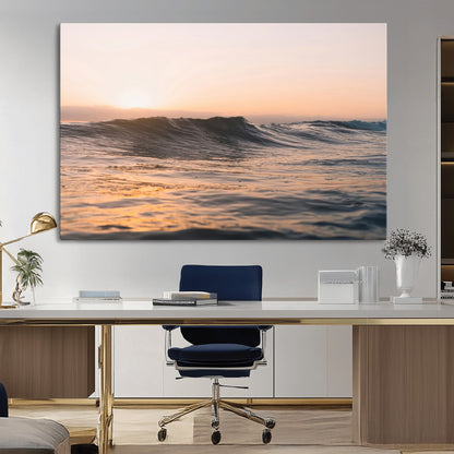 Framed canvas of ocean waves glowing in sunset light, ideal for golden hour calm or peaceful coastal-inspired wall decor.