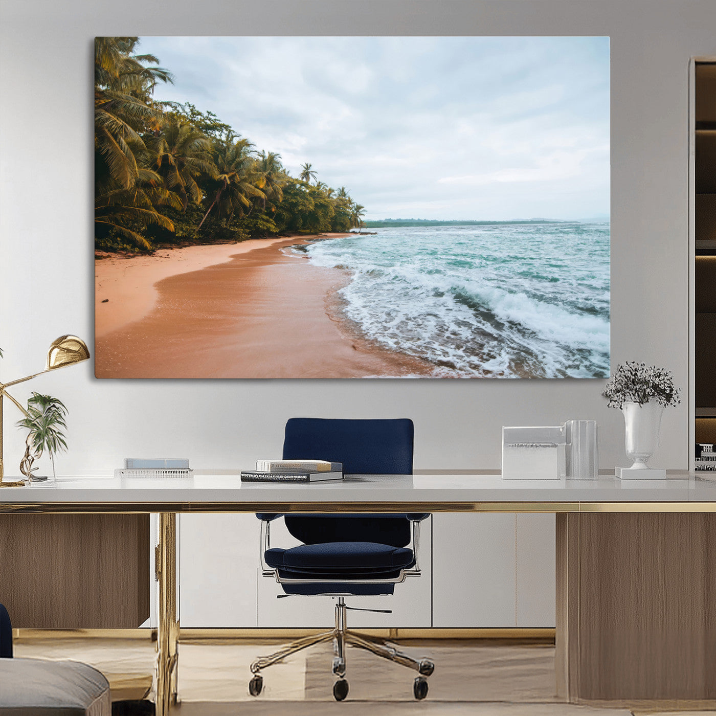 Framed canvas of a tropical beach with palm trees and soft waves, ideal for coastal escape or serene nature-inspired home decor.