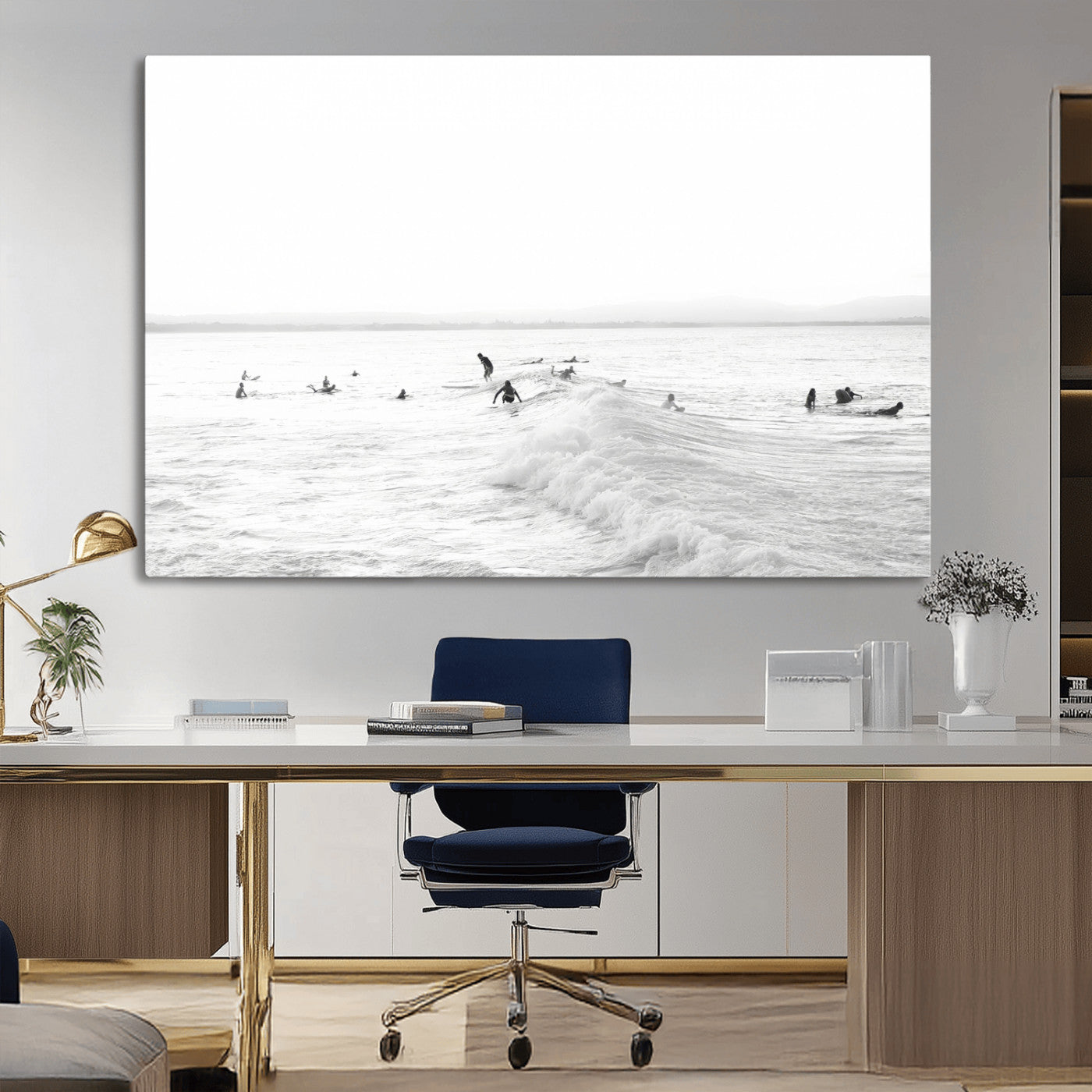 Monochrome photo of surfers riding and waiting on ocean waves, ideal for surf-themed or coastal energy wall decor.