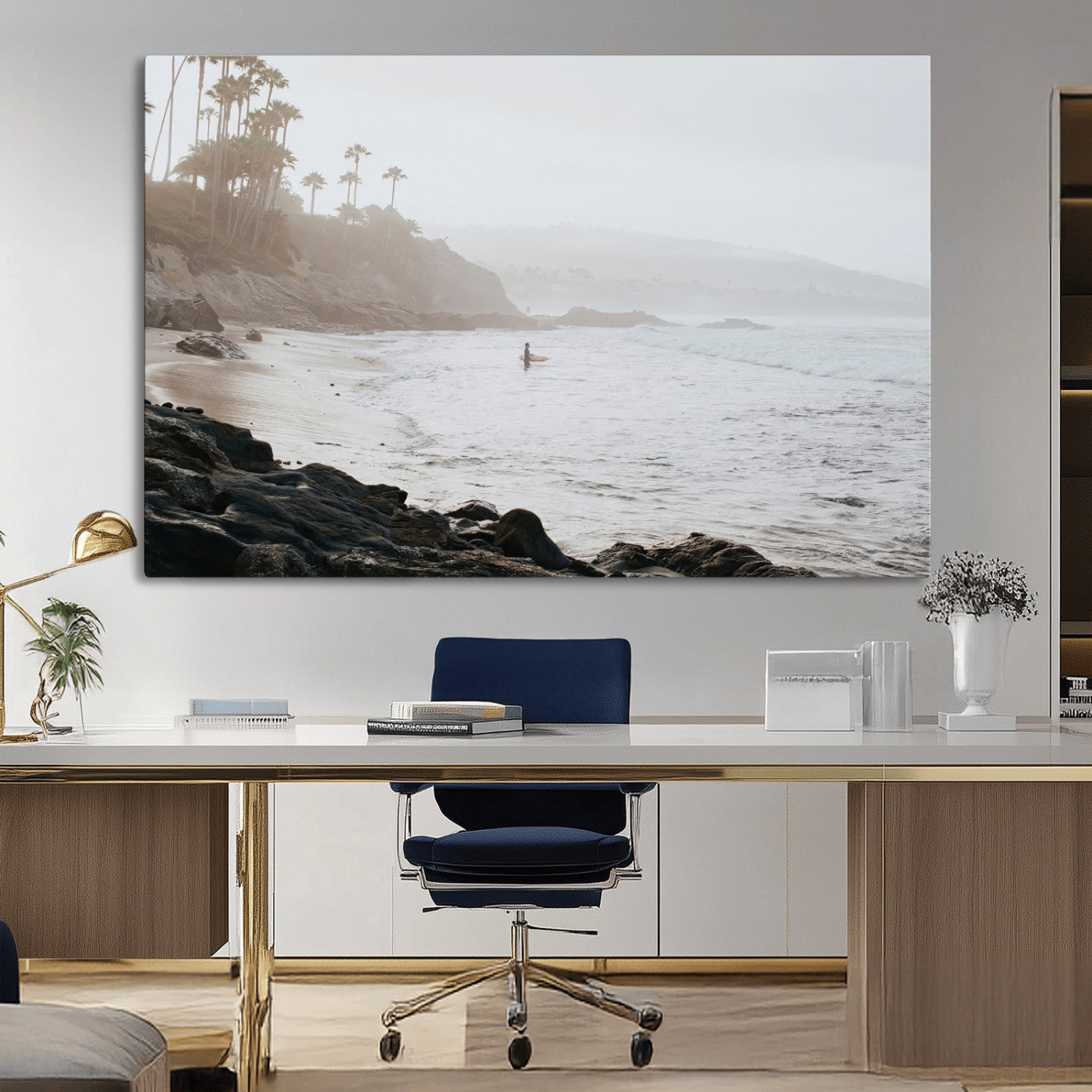 Framed canvas of a surfer in misty coastal tones at a foggy California beach, ideal for minimalist coastal beach or serene ocean-themed decor.