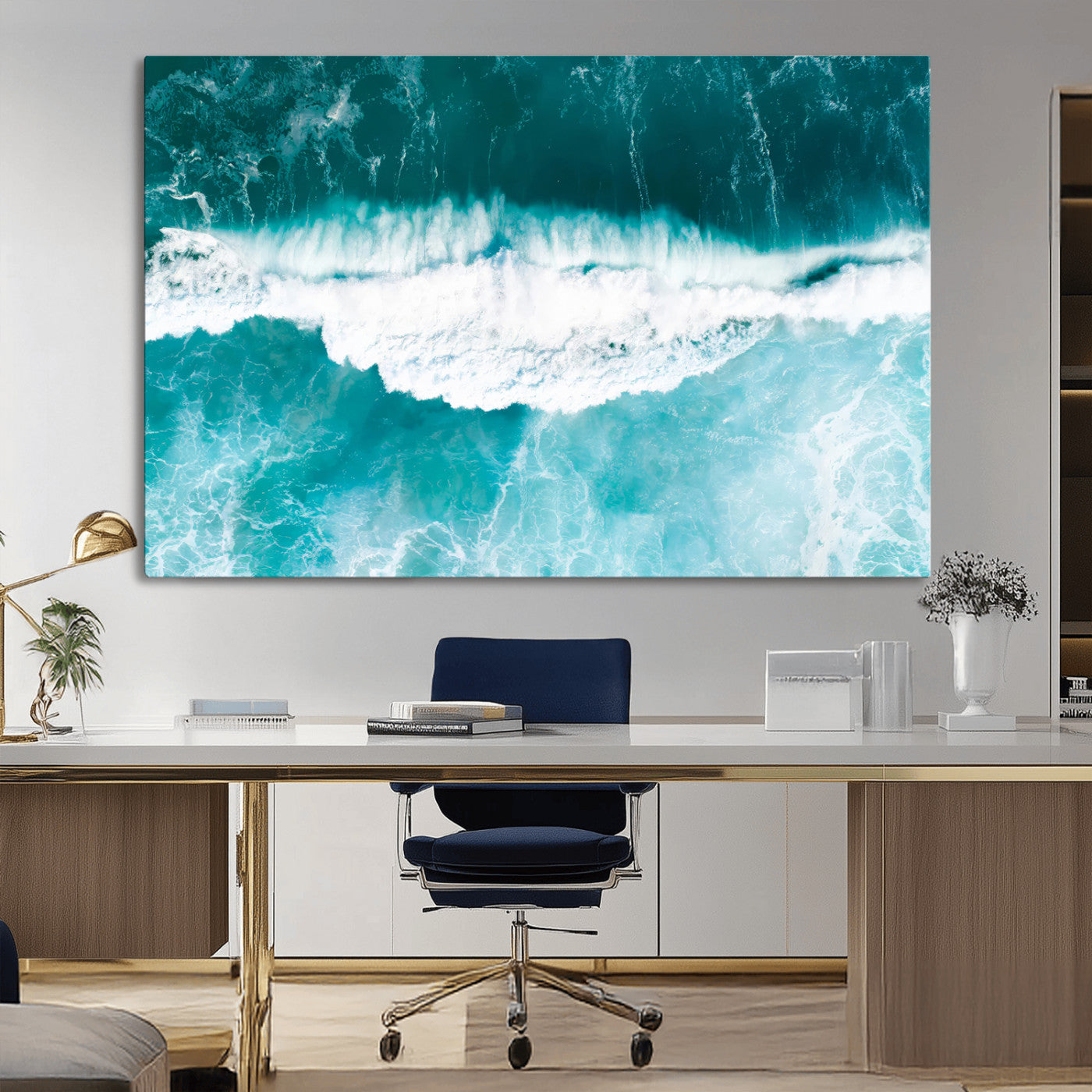 Aerial view of turquoise ocean waves crashing with white foam, perfect for tropical coastal or modern beach-style home decor.
