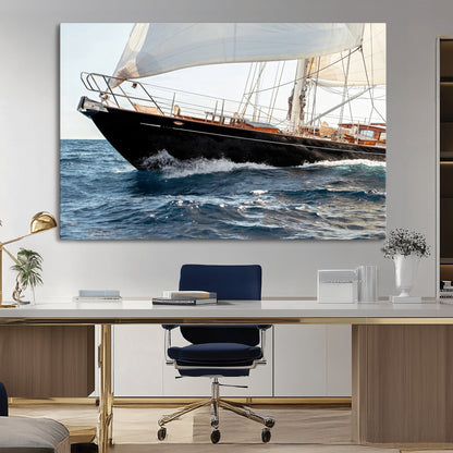 Close-up of a classic sailing yacht with wooden deck and full sails, perfect for nautical or coastal-style decor in ocean-themed spaces.