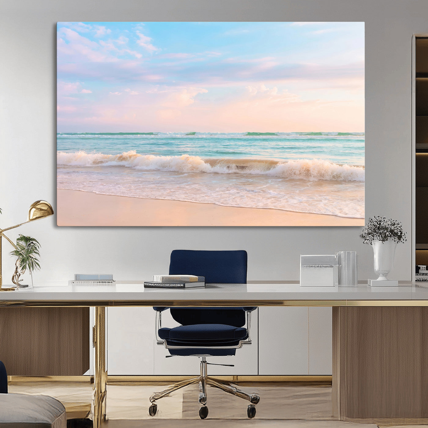Pastel-toned ocean waves under soft sunset skies, ideal for pastel coastal or serene beach-style home decor.