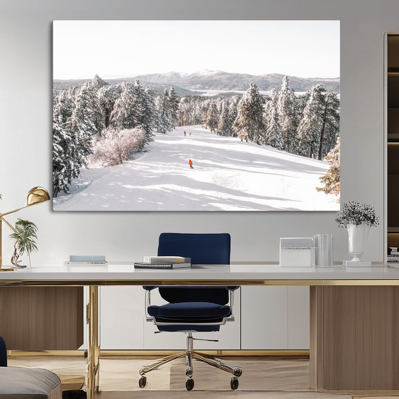 Bright ski trail lined with snow-covered pines and a skier in orange, perfect for alpine adventure or winter sports-inspired decor.