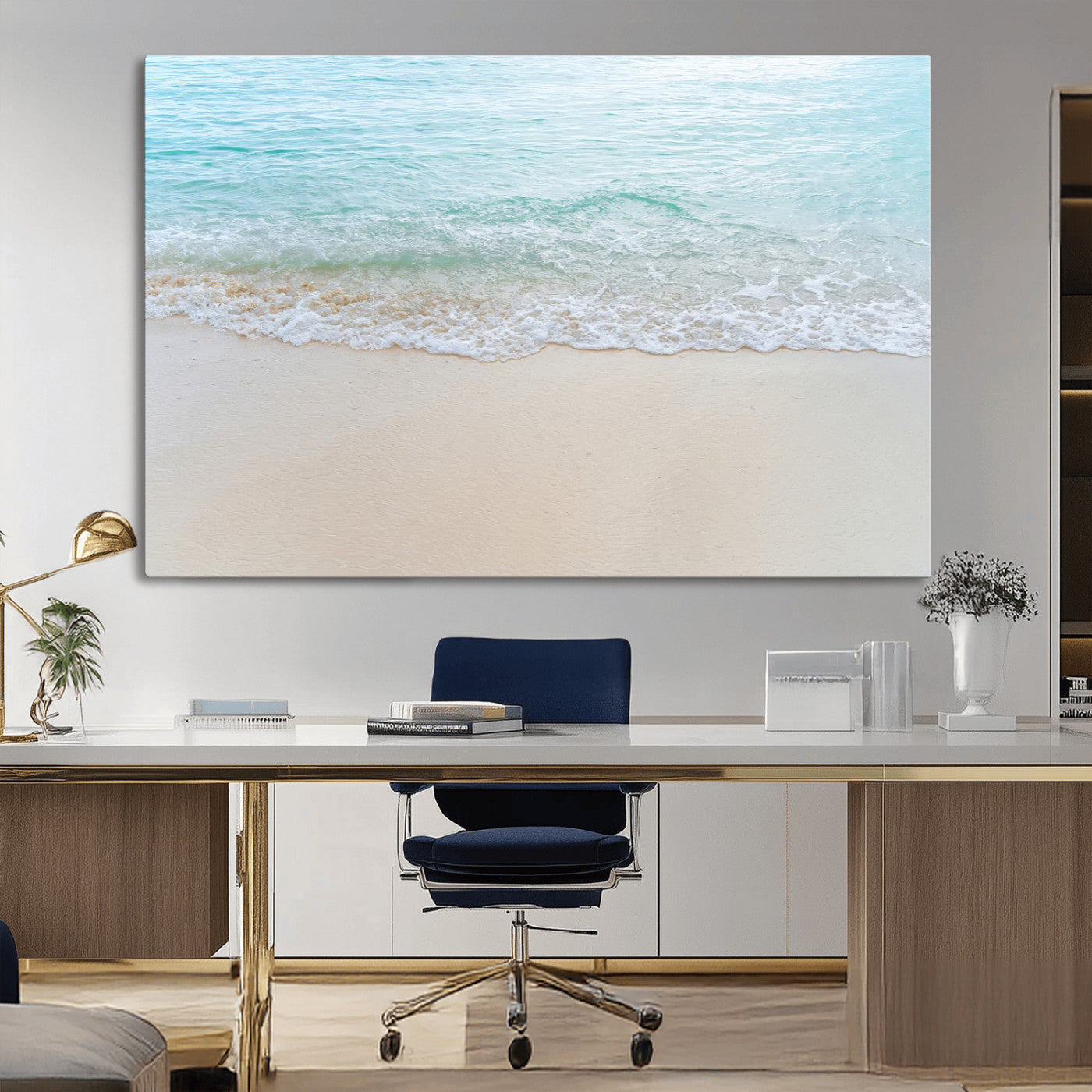 Soft shoreline with gentle aqua waves on smooth sand, ideal for minimalist coastal or pastel ocean-inspired home wall decor.