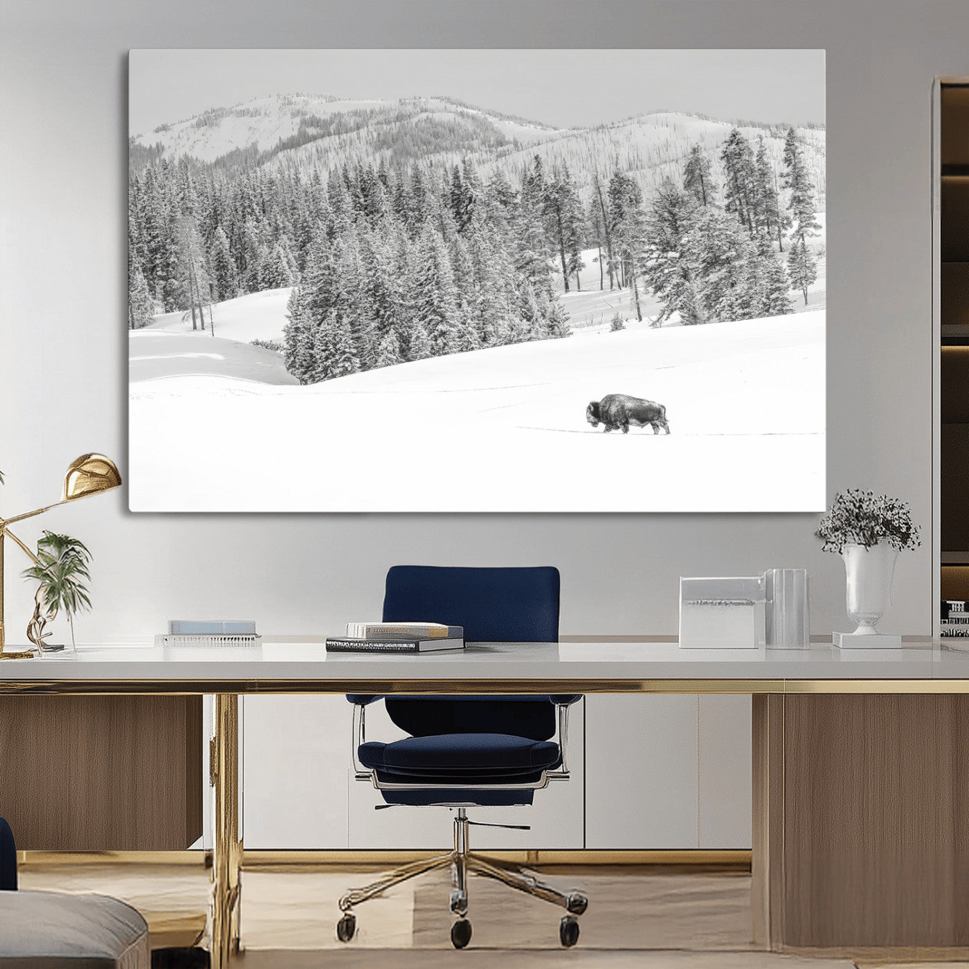Snowy bison walking through white forest landscape, ideal for monochrome winter or wilderness-style interior wall decoration.