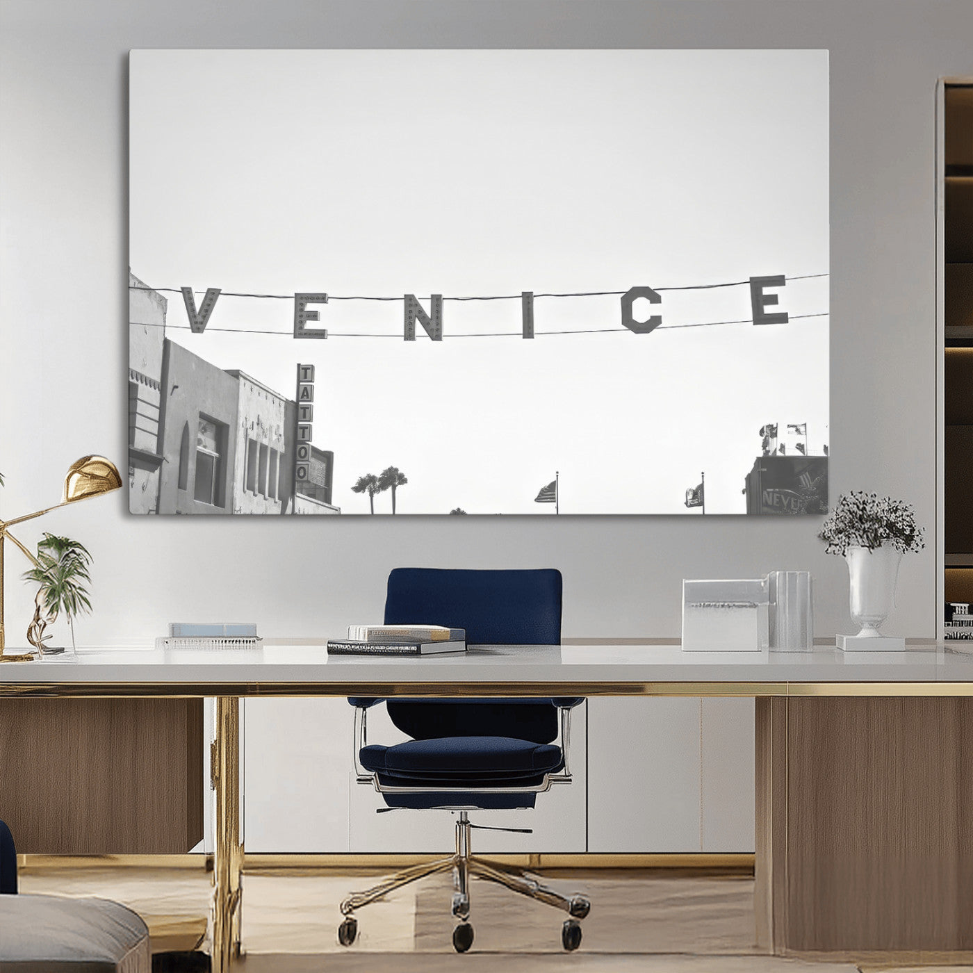 Black and white photo of Venice Beach sign and palm-lined street, perfect for urban coastal or minimalist LA-inspired wall decoration.