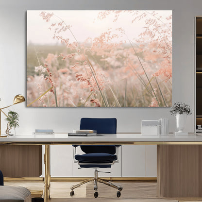 Soft pastel field with wild grasses in warm light, ideal for minimal nature or airy countryside-inspired interior wall decoration.