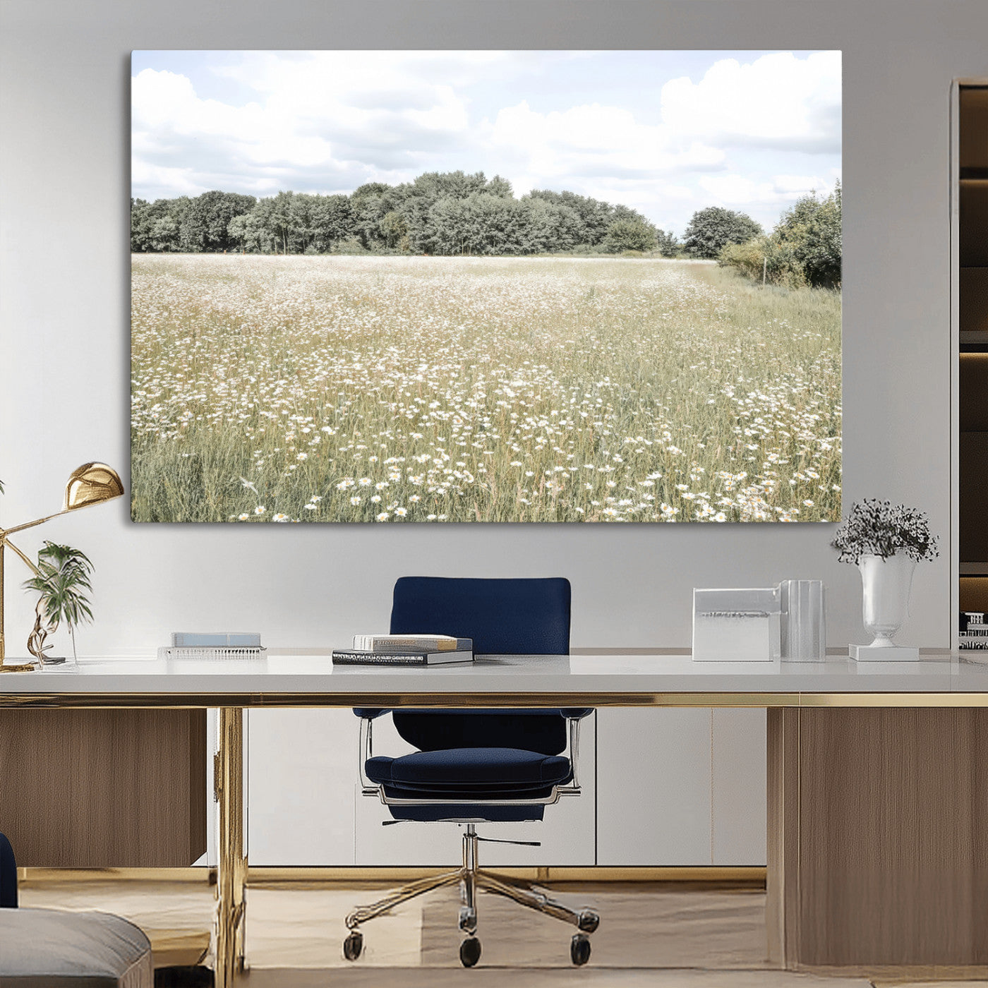 Soft-toned image of a wild daisy field under a cloudy sky, ideal for neutral or Scandinavian-inspired home decor.