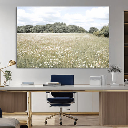 Soft-toned image of a wild daisy field under a cloudy sky, ideal for neutral or Scandinavian-inspired home decor.