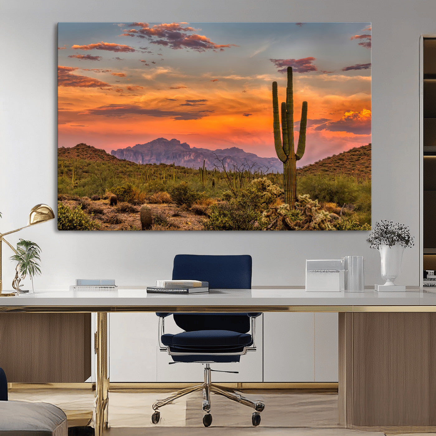 Vibrant desert sunset with saguaro cacti and distant mountains, perfect for Southwestern or warm-toned home decor.