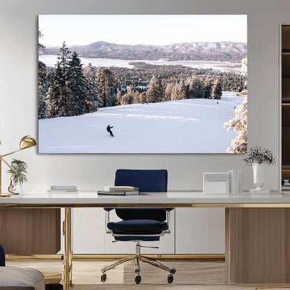 Canvas of a snowy mountain ski slope with pine trees and bright winter light, ideal for modern rustic or alpine-inspired home decor.