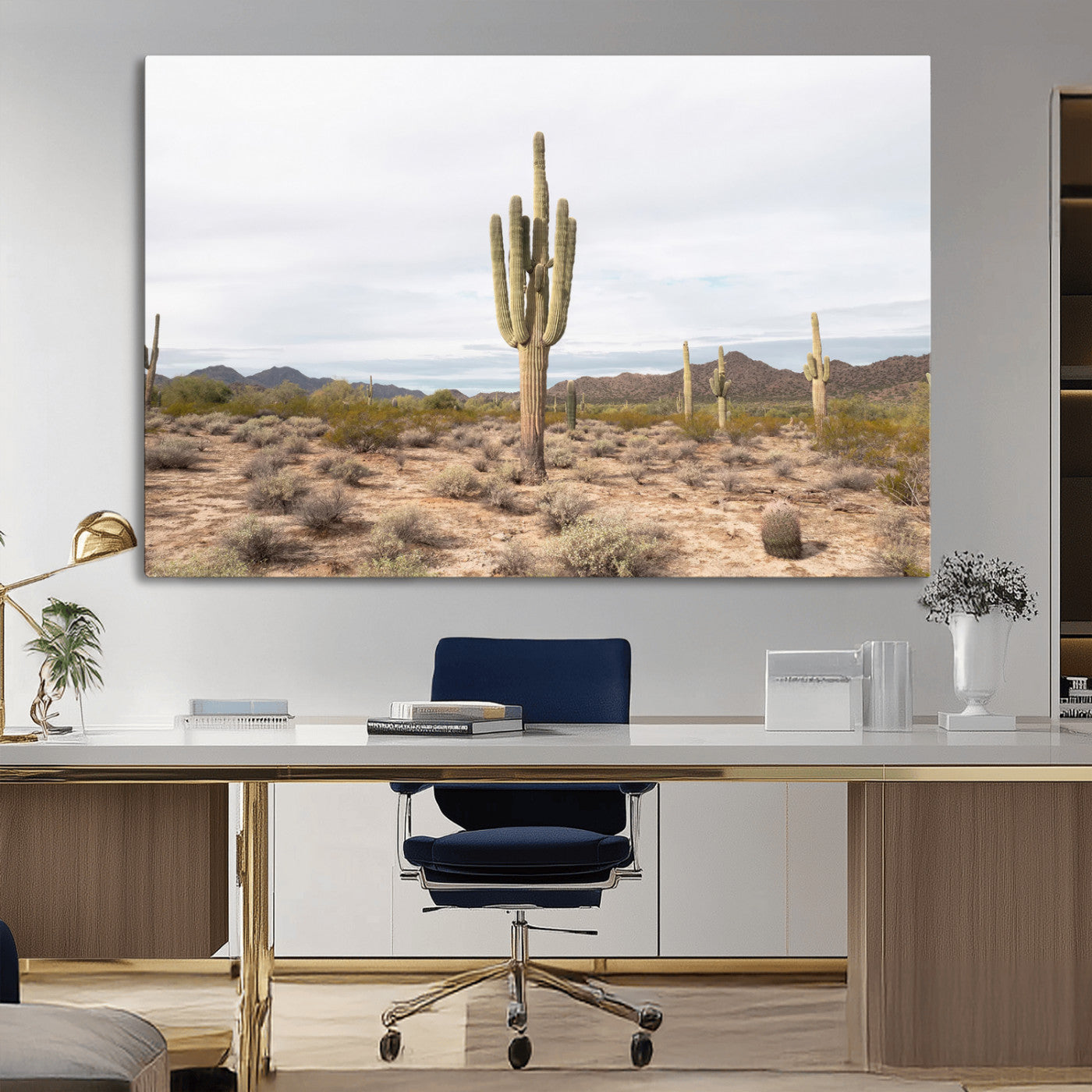 Canvas of a saguaro cactus in an earthy Sonoran desert landscape, ideal for Southwestern Boho or desert minimalism inspired home decor.   2/2
