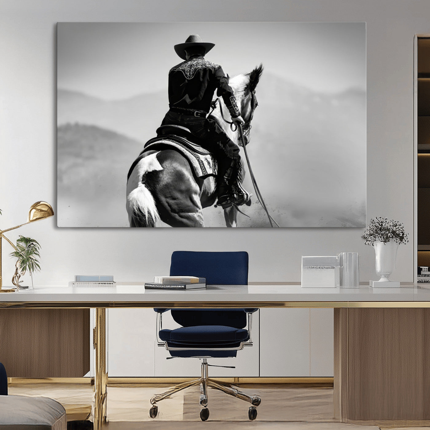 Black and white canvas of a cowboy on horseback with moody tones, perfect for rustic western or country-inspired home decor.