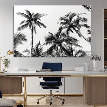 Black and white canvas of tall palm trees in moody tones, perfect for modern tropical minimalist or coastal-style home decor.