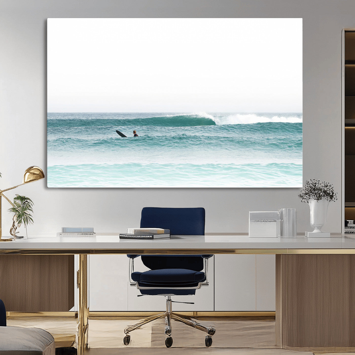 Minimalist photo of a lone surfer on calm aqua waves under bright sky, perfect for Scandinavian coastal or serene ocean-inspired home decor.